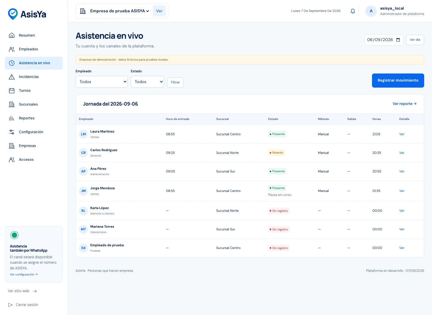 Captura de asistencia en ASISYA con datos de demostración