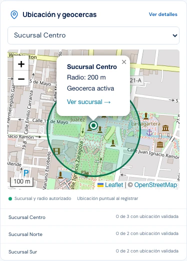 Geocerca de 200 metros en la sucursal de demostración ASISYA