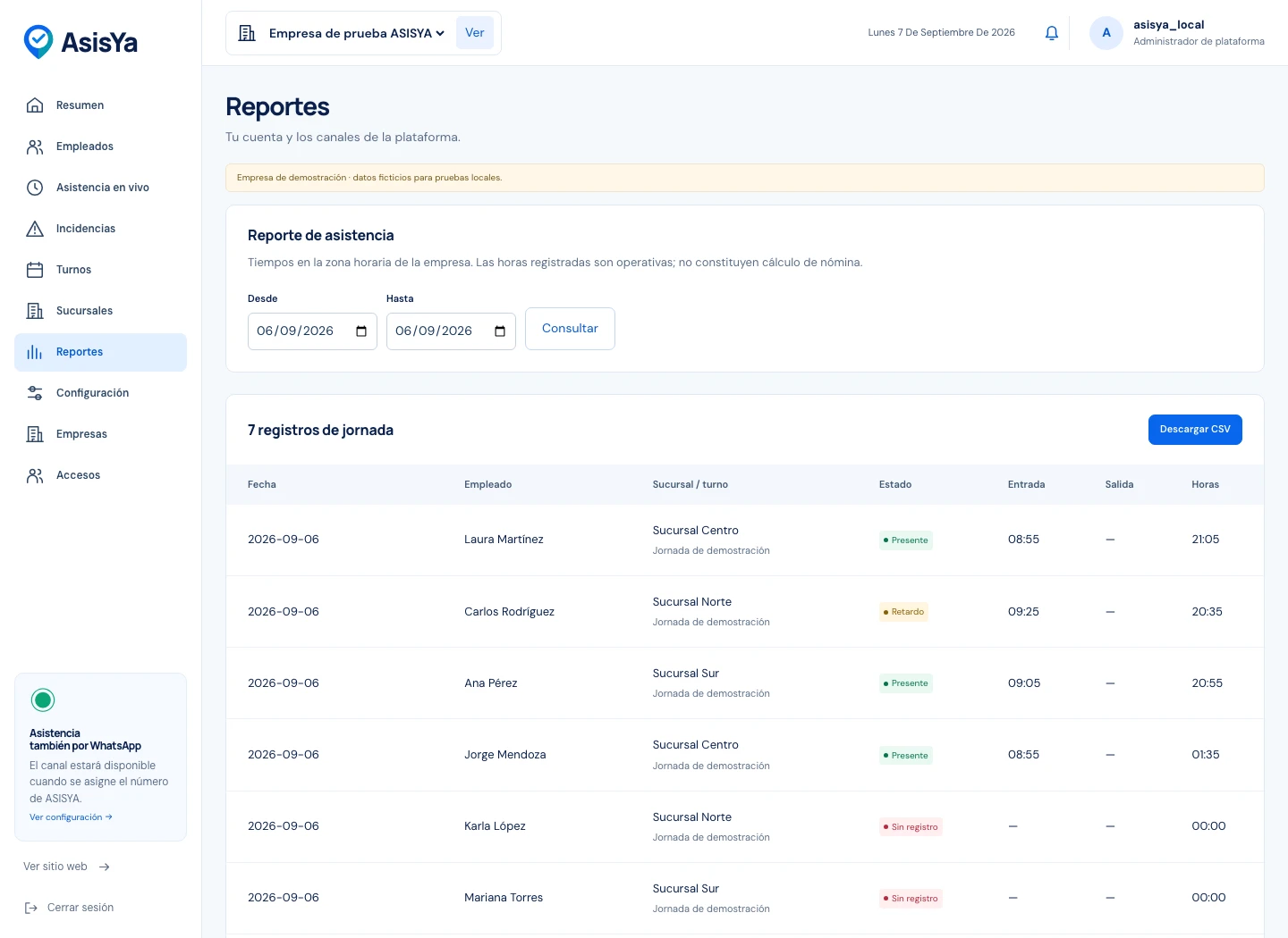 Captura de reportes en ASISYA con datos de demostración